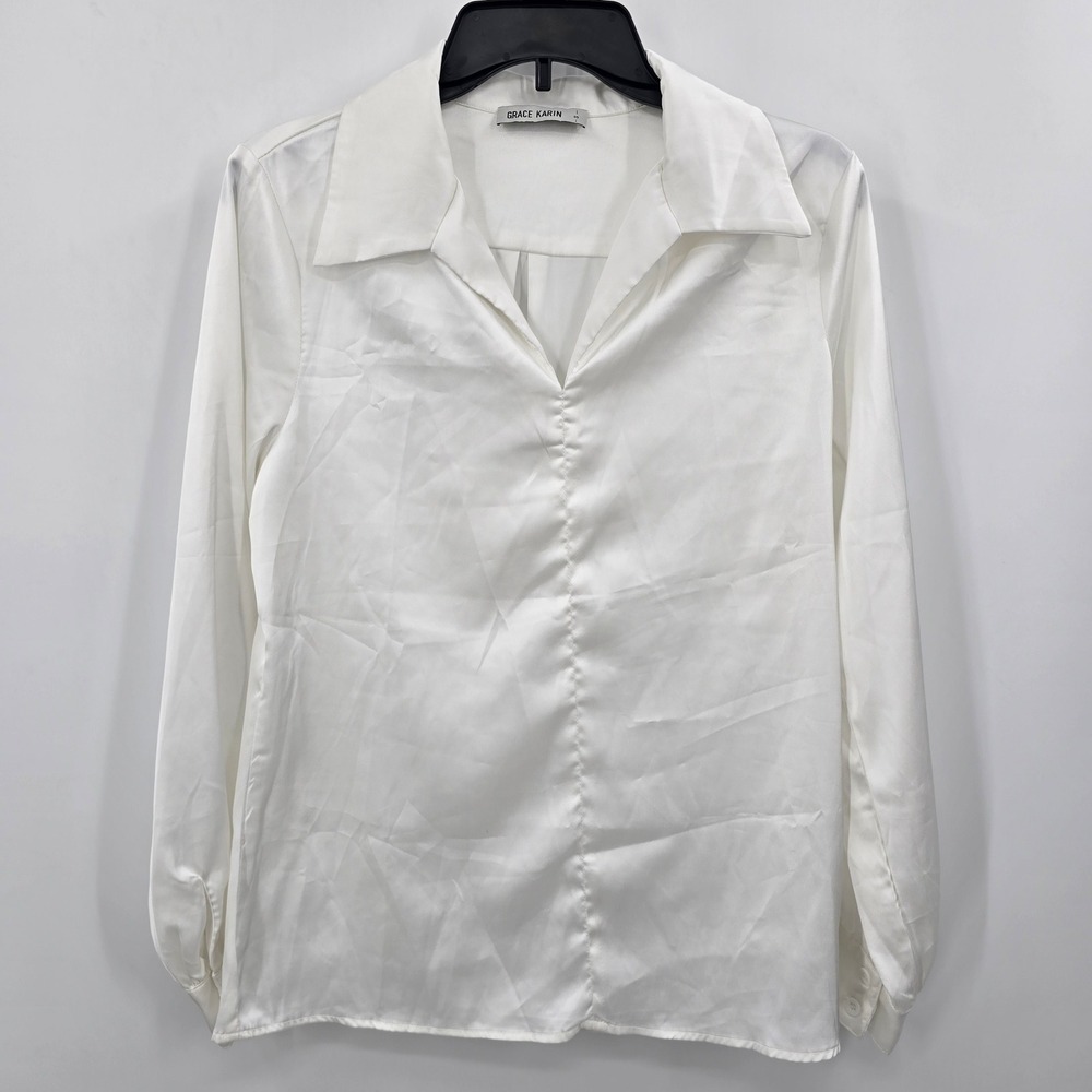 Grace Karin Blouse Womens Small White Satin Long‎ Sleeve V-Neck Notched Lapel